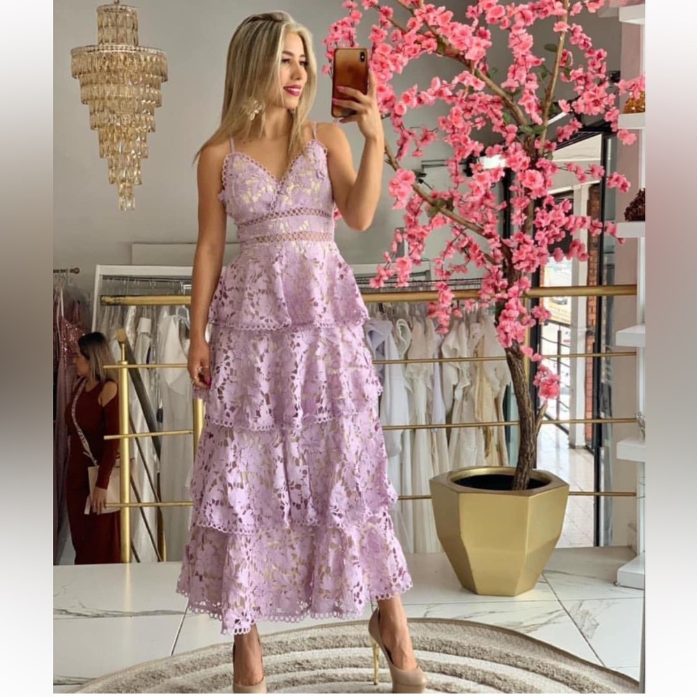 Just Me Lavender Lace Midi Dress